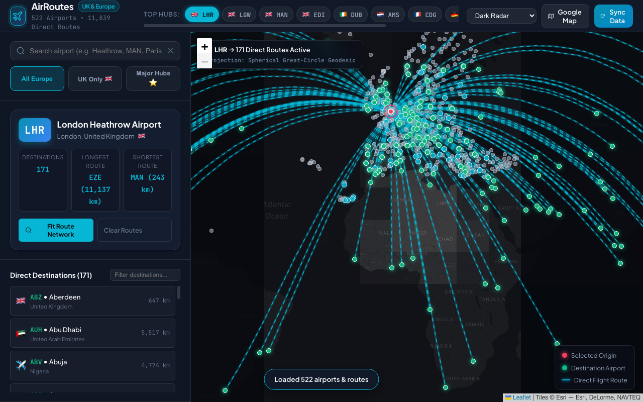 AirRoutes Interactive European and UK Flight Map Interface