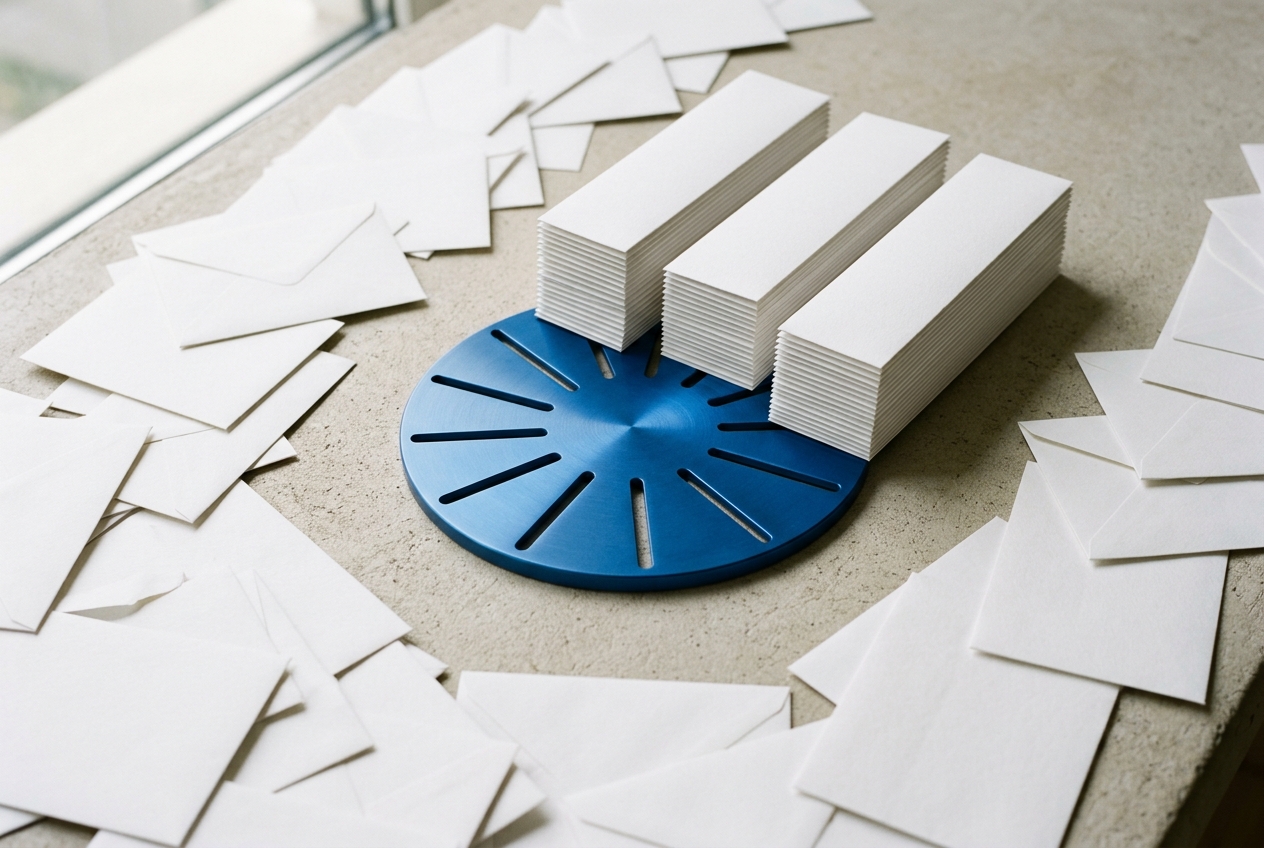 Anodised blue indexing disc organising structured editorial cards