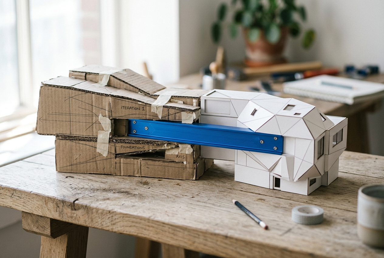 Architectural studio model joined by a precision blue structural beam